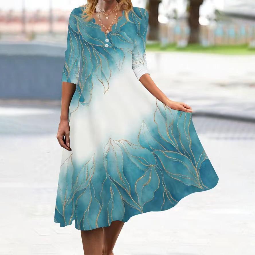 Wavy V-Neck Button Print Dress