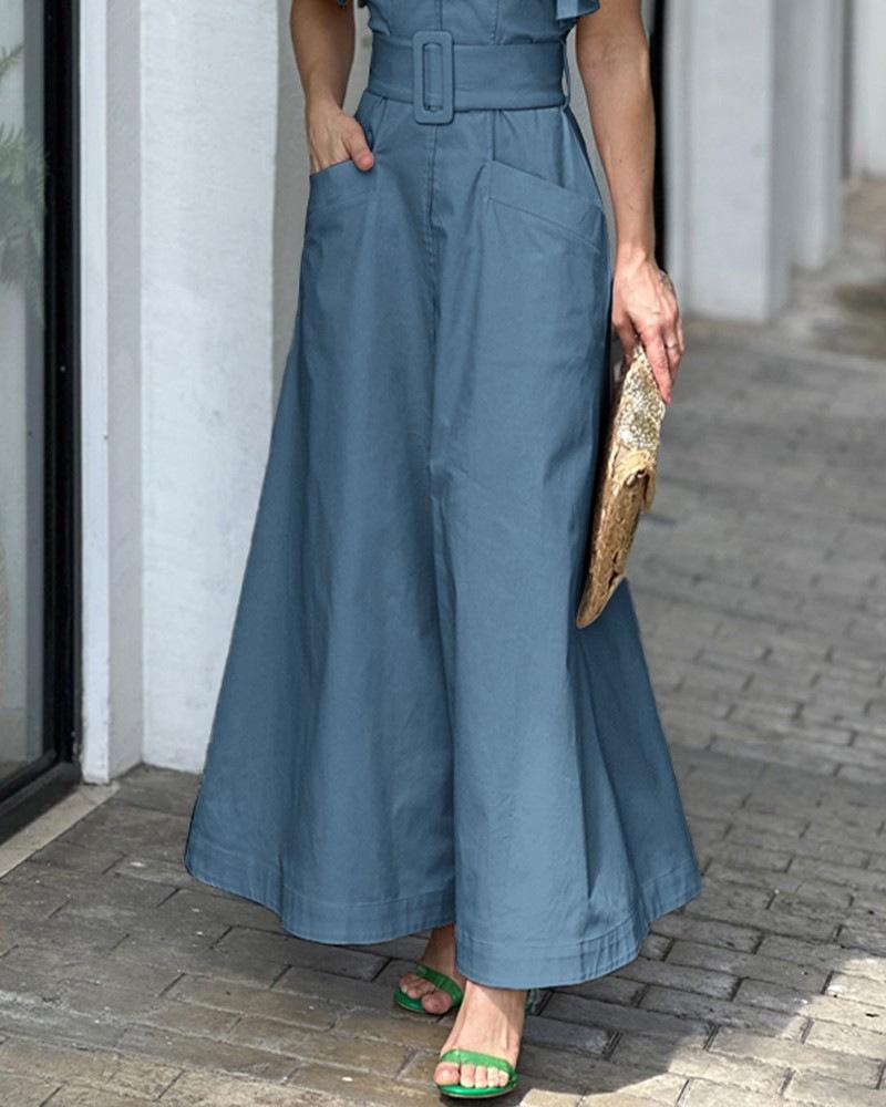 V-neck Solid Color Ruffled Sleeve Maxi Dress