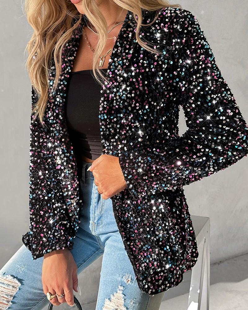 Long Sleeve Shawl Neck Sequin Blazer