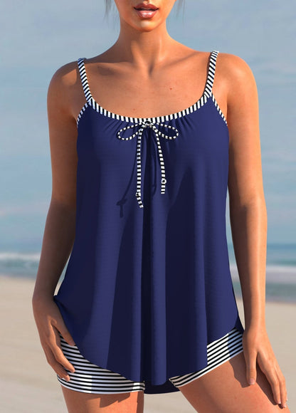 Striped Bowknot Spaghetti Strap Tankini Set