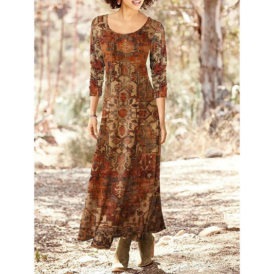 Vintage Round Neck Print Midi Dress