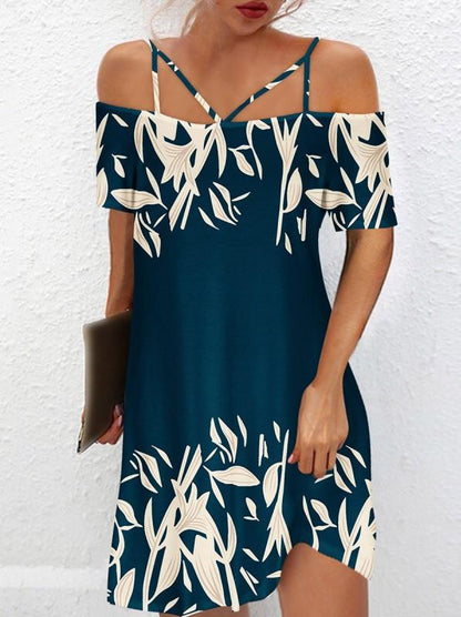 Off Shoulder Sexy Navy Print Dress