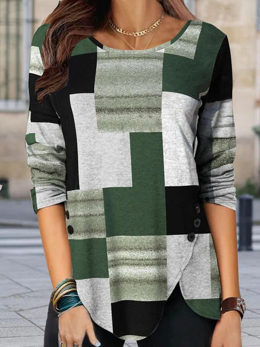 Round Neck Color Block Print Pullover Top