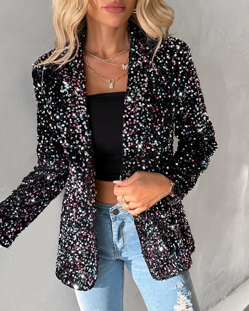 Long Sleeve Shawl Neck Sequin Blazer