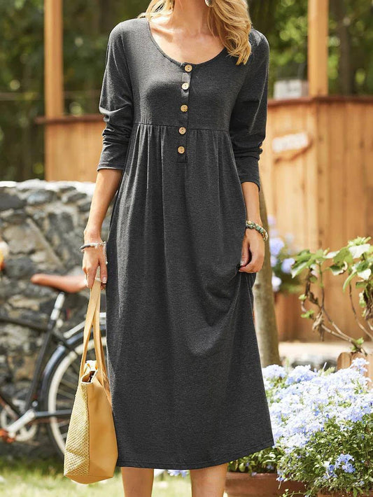 Round Neck Solid Knit Button Dress