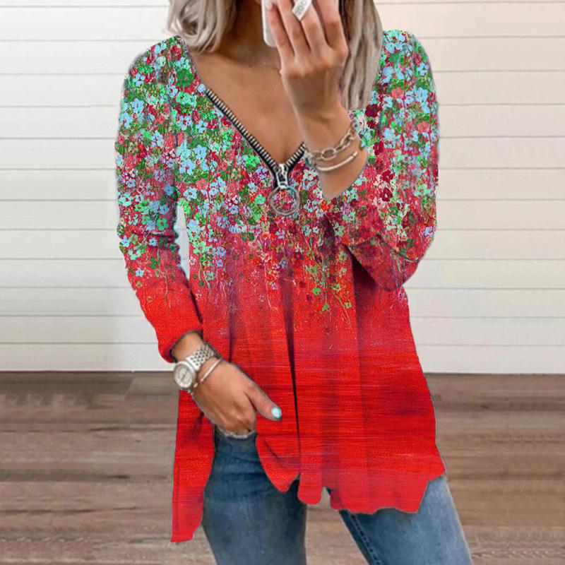 Floral V-Neck Zip Long Sleeve Top