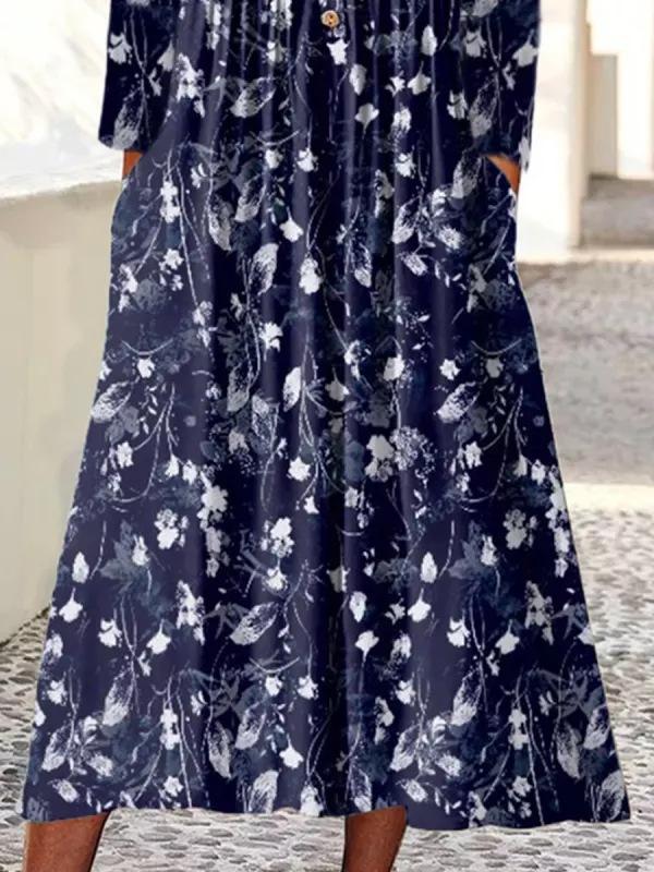 Navy Printed V Neck Button Long Sleeve Dress