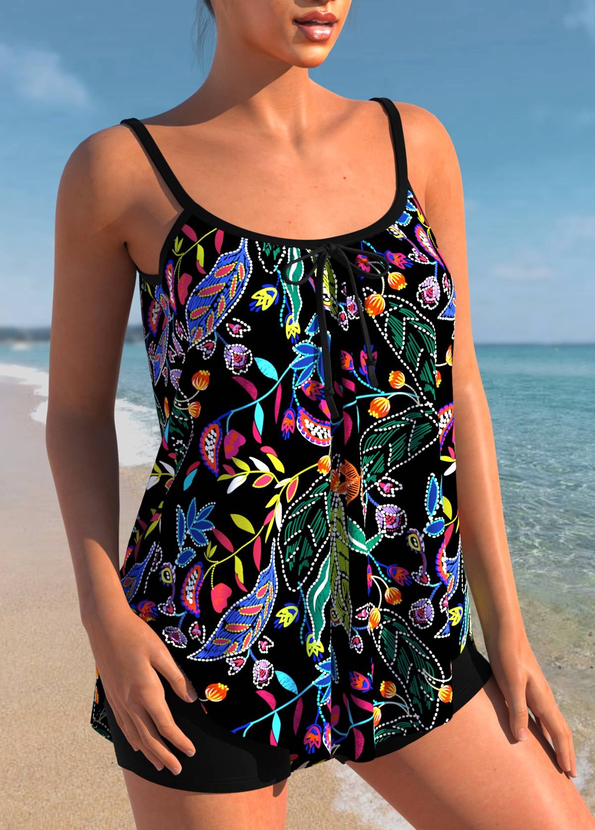 Black Spaghetti Strap Floral Print Tankini Set