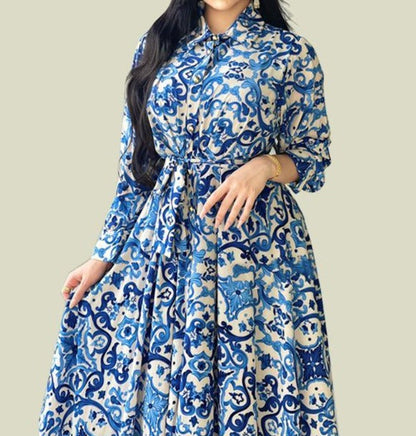 Blue Printed Long Sleeve Button Dress