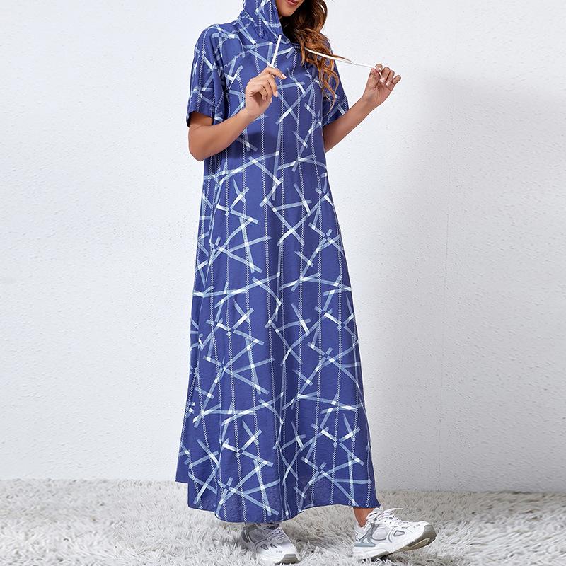 Baggy Short Sleeve Print Maxi Hooded Dress