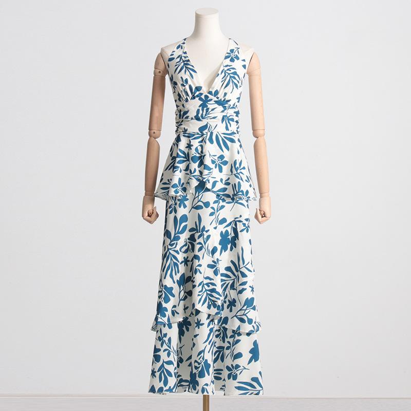 Printed halter V-neck ruffle dress