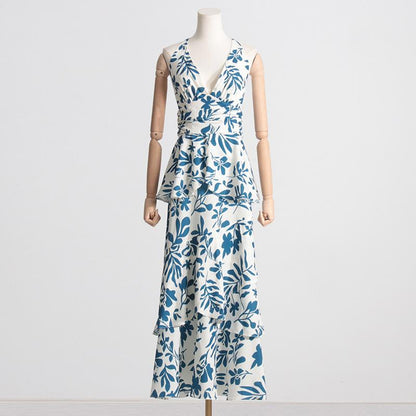 Printed halter V-neck ruffle dress