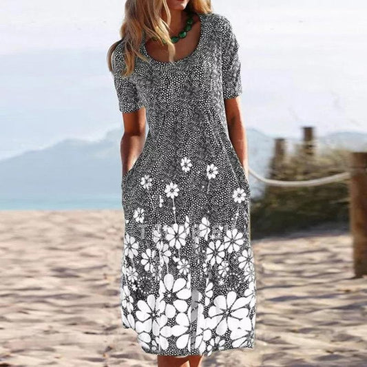 Casual Round Neck Vintage Floral Short Sleeve Dress