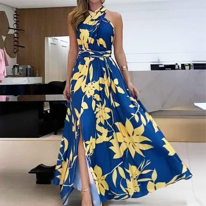 Casual Halter Sleeveless Waist Slit Dress