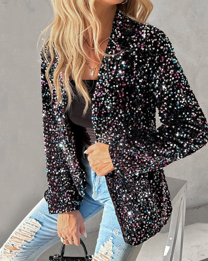 Long Sleeve Shawl Neck Sequin Blazer