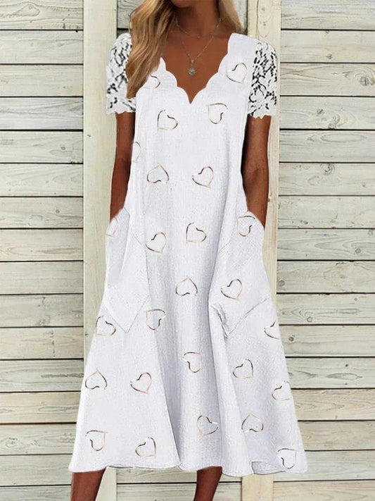 Casual Heart Print Wavy V-Neck Short Sleeve Midi Dress