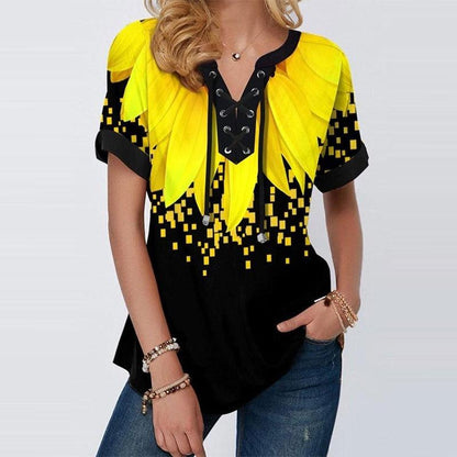 Yellow Printed Lace Up Short Sleeve Sweatshirt