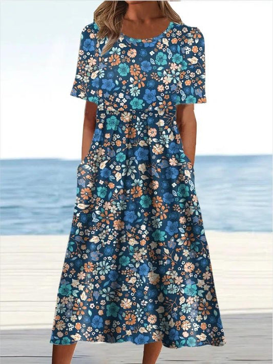 Blue Printed Crewneck Short Sleeve Floral Dress