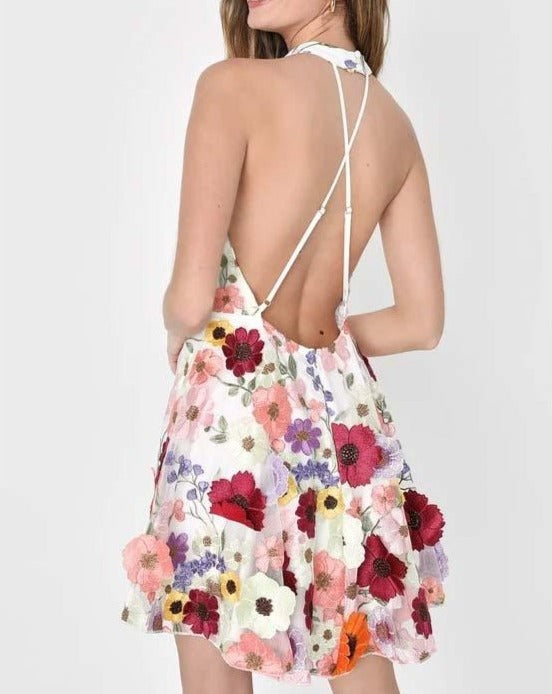 Floral neckline backless crossover dress