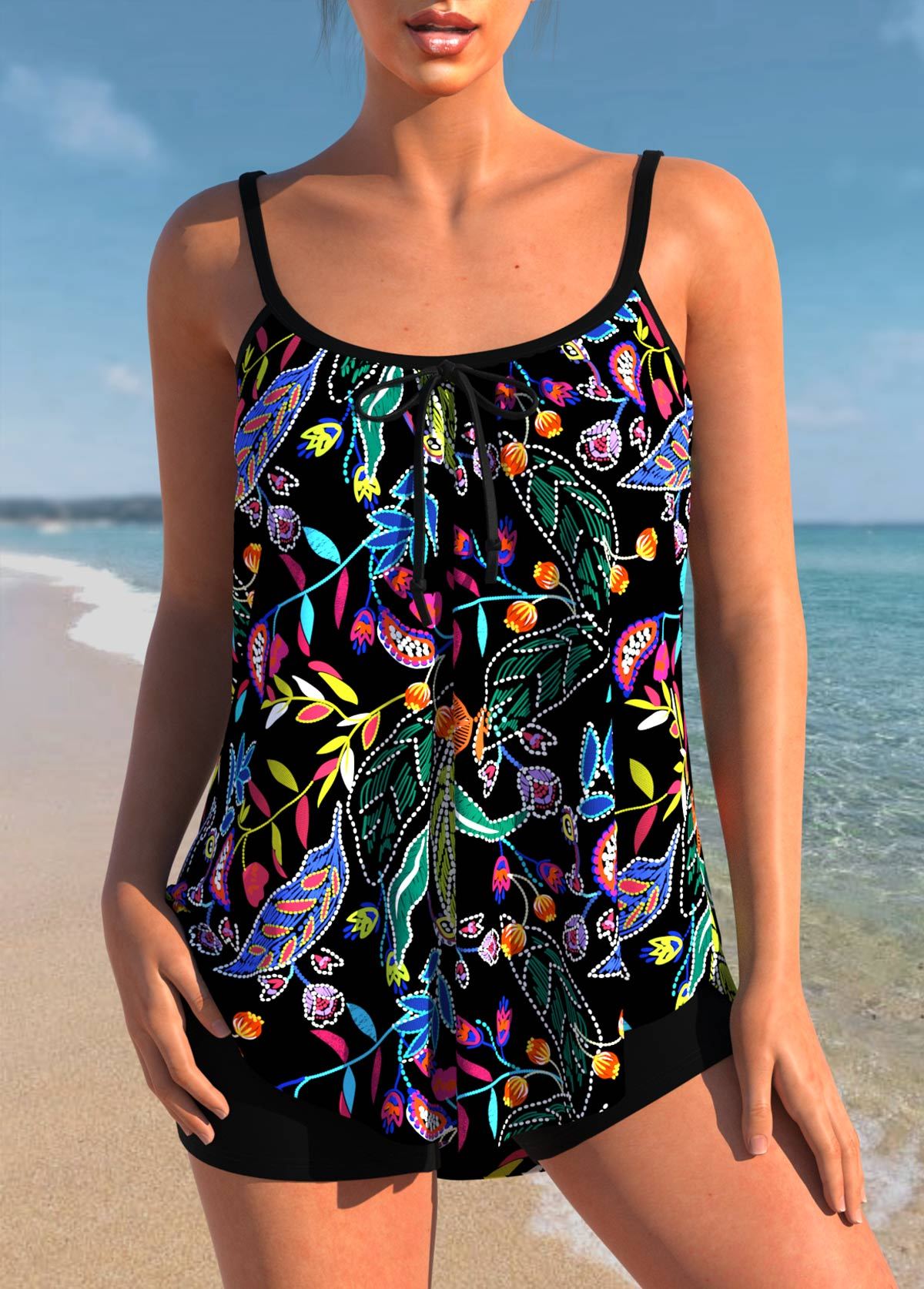 Black Spaghetti Strap Floral Print Tankini Set