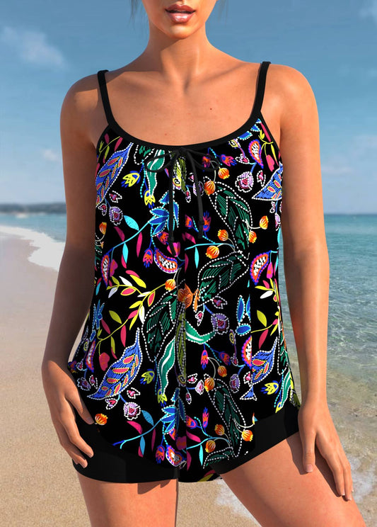 Black Spaghetti Strap Floral Print Tankini Set