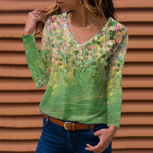 V-Neck Vintage Print Long Sleeve T-Shirt