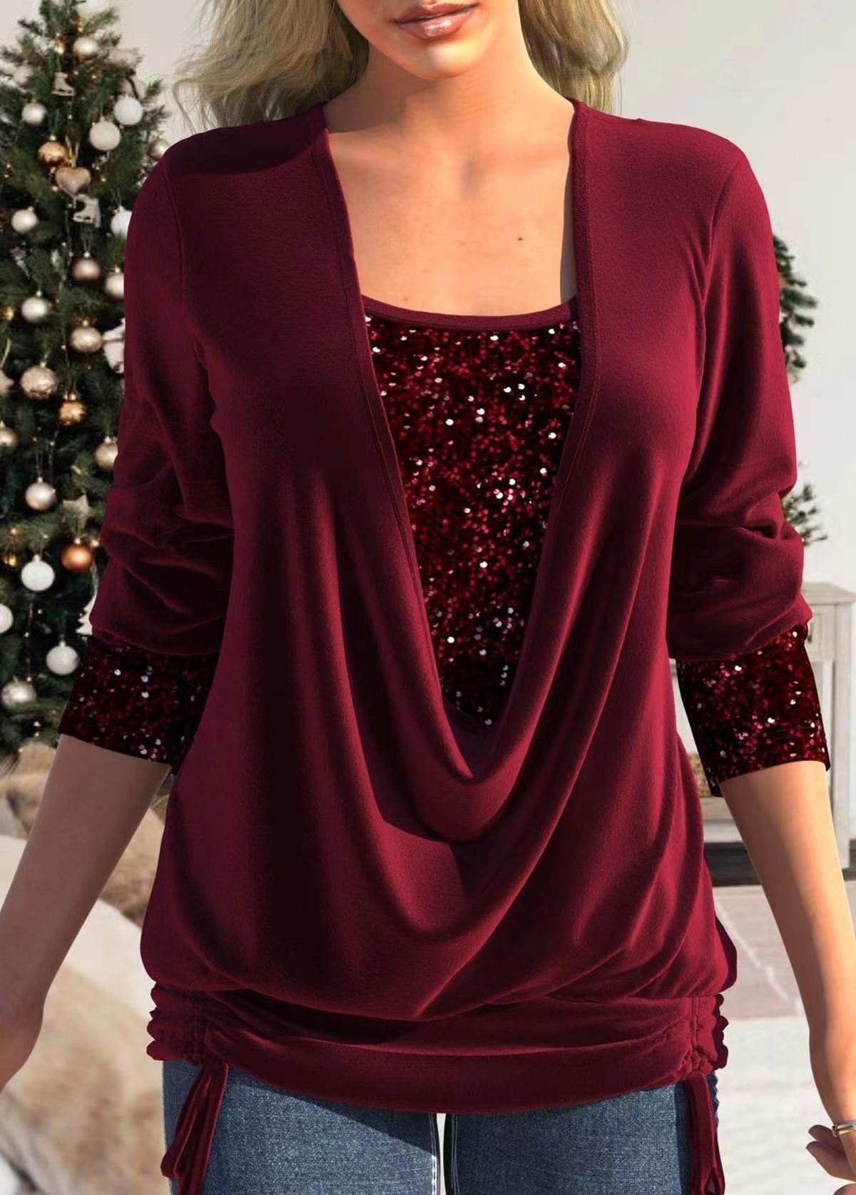 Sequins V-Neck Graphic Stitching Top