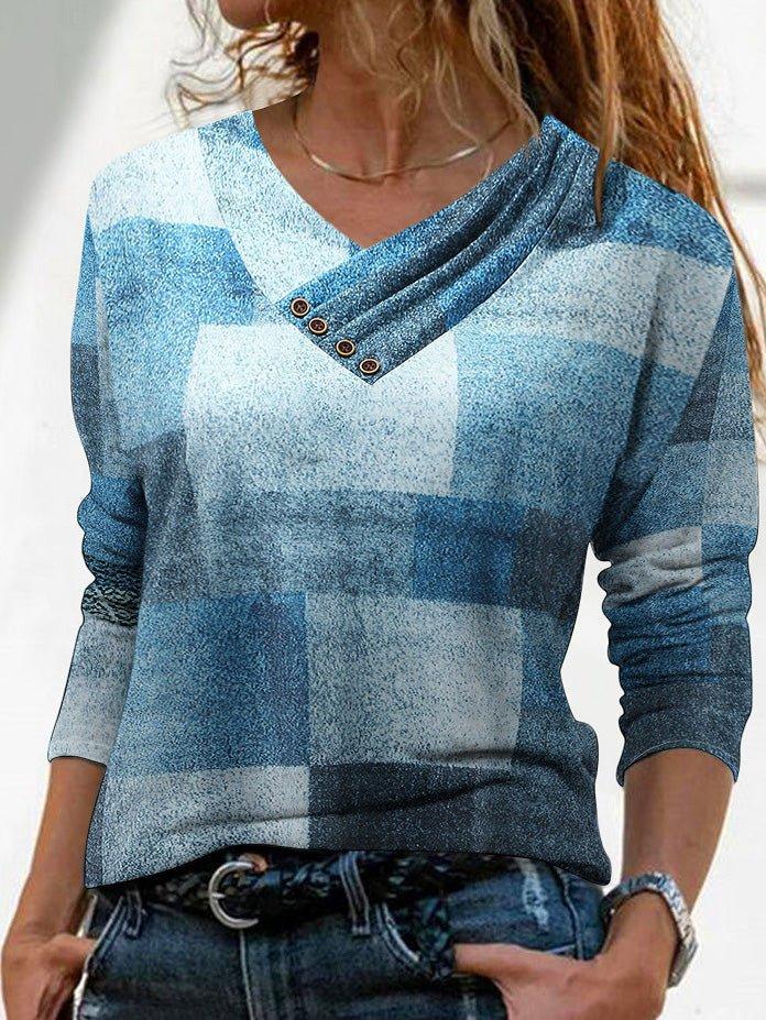 Cross V-Neck Button Printed Long Sleeve T-Shirt