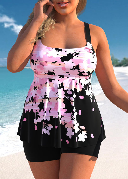 Pink Floral Print Plus Size Tankini Set