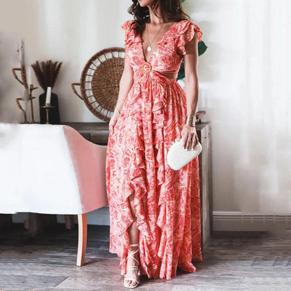 Printed Lace Ruched Sleeve Dress