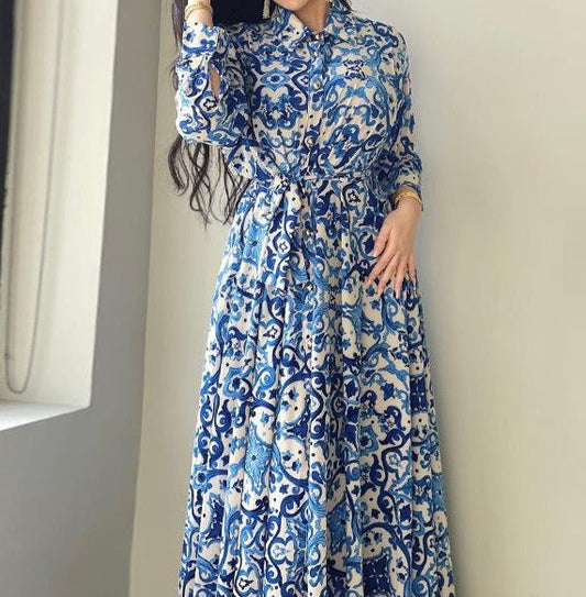 Blue Printed Long Sleeve Button Dress