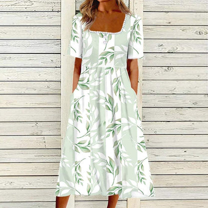 Green Garden Stroll Striped Color Block Midi Dress