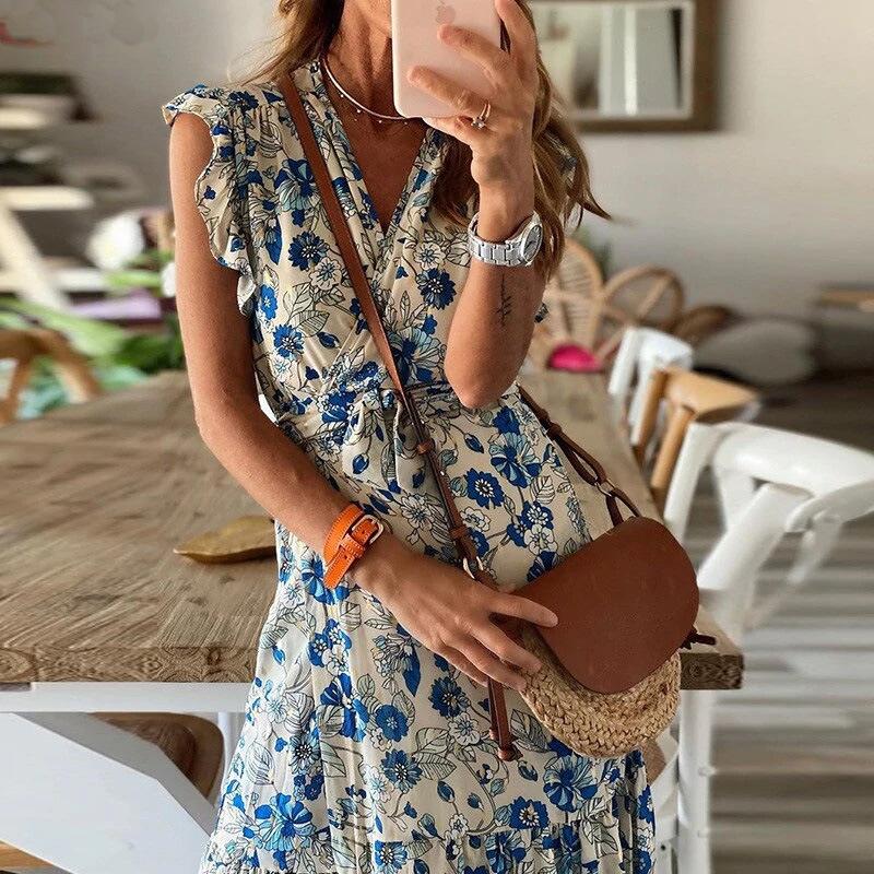 Printed Sleeveless Lace-up Dress