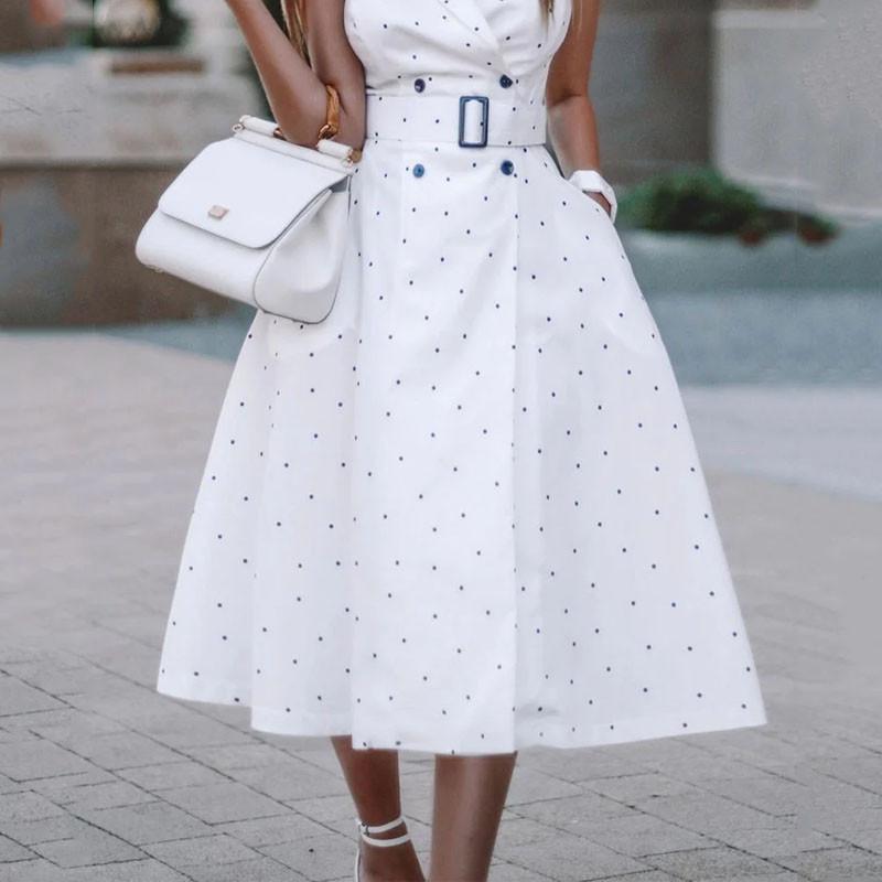 Spotted V-Neck Sleeveless Midi Dress