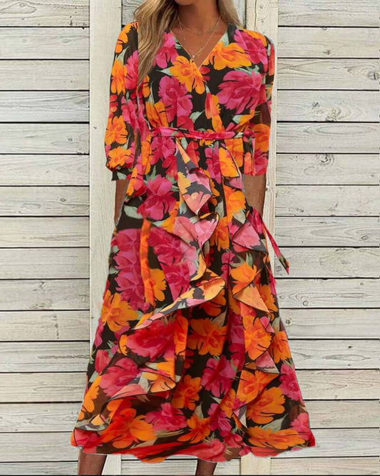 Floral Printed Ruffle Front Maxi Dress