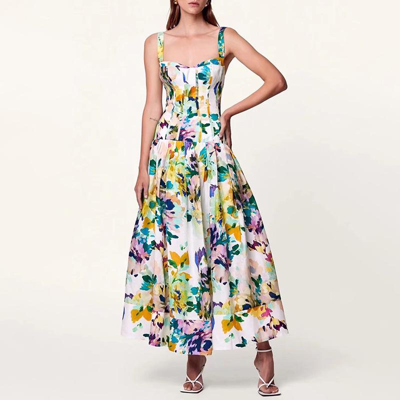 Vintage Printed Strap Midi Dress