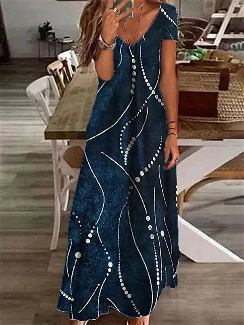 Blue Short Sleeve Printed V-Neck Maxi Dress