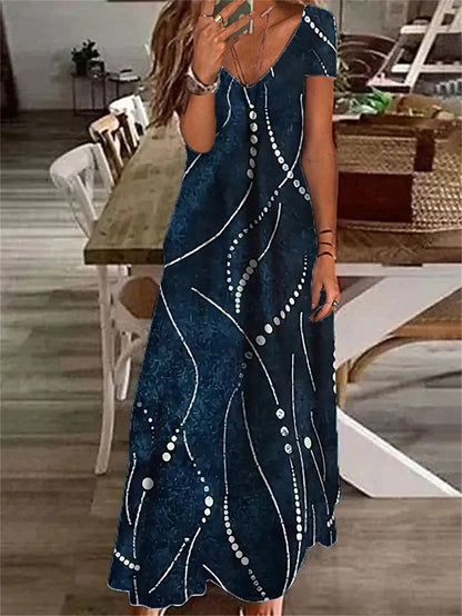 Blue Short Sleeve Printed V-Neck Maxi Dress