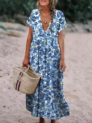 Floral Print V-Neck Short Sleeve Maxi Dress