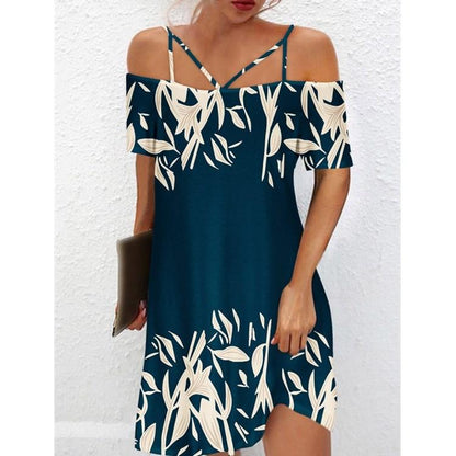 Off Shoulder Sexy Navy Print Dress