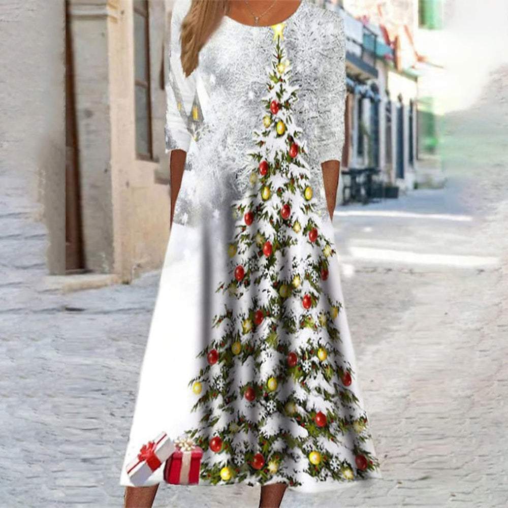 Christmas Tree Print Round Neck Midi Dress