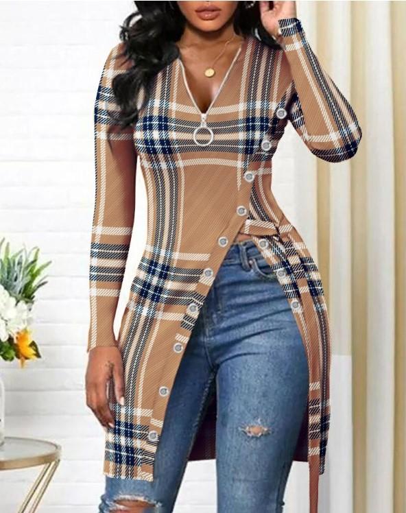 Zippered V-Neck Long Sleeve High Slit Leopard Print Button Top