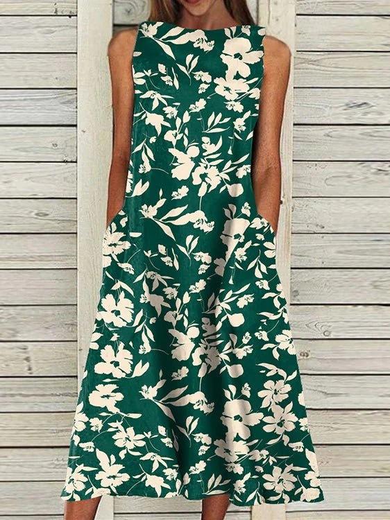 Green Floral Sleeveless Midi Dress