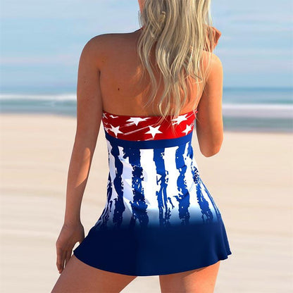 Red Star Blue Striped Print Swimdress Set