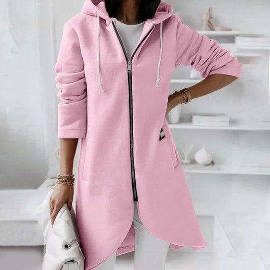 Pink Zip Hooded Long Fleece Sweatshirt