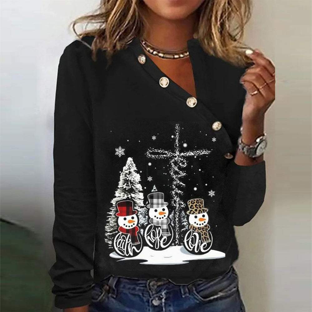 Three Snowmen Cross Asymmetrical Long Sleeve Top