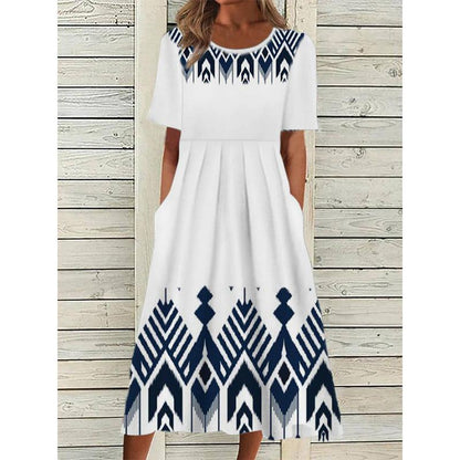 Navy and White Print Midi Dress