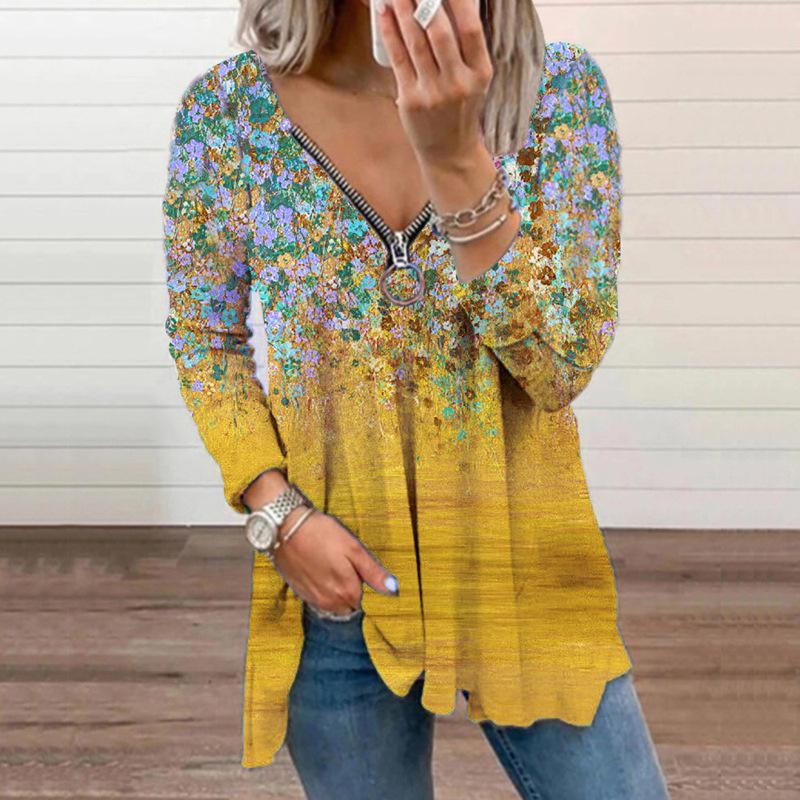 Floral V-Neck Zip Long Sleeve Top