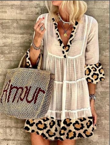 Fashion Leopard Print Patchwork Cotton Linen Dress