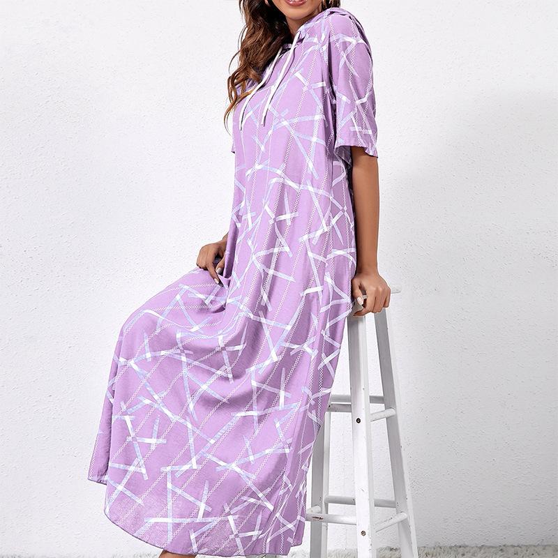 Baggy Short Sleeve Print Maxi Hooded Dress